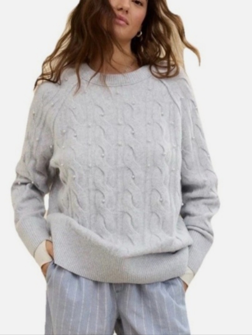 aerie Light Gray Cable Crewneck Oversized Sweater Size Xs